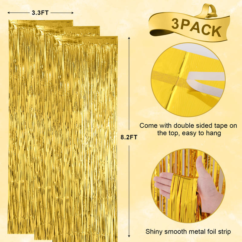 3 Pack 3.3x8.2 Feet Gold Foil Fringe Backdrop Curtains, Tinsel Streamers Birthday Party Decorations, Fringe Backdrop for Graduation, Baby Shower, Gender Reveal, Disco Party 05 Gold