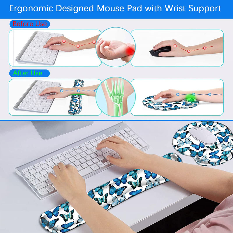 Mouse Pad Wrist Support and Keyboard Wrist Rest Pad with Coaster,Non-Slip Rubber Base Ergonomic Gaming Mousepad for Home Office Working Studying Easy Typing & Pain Relief,Blue Butterflies Blue Butterflies
