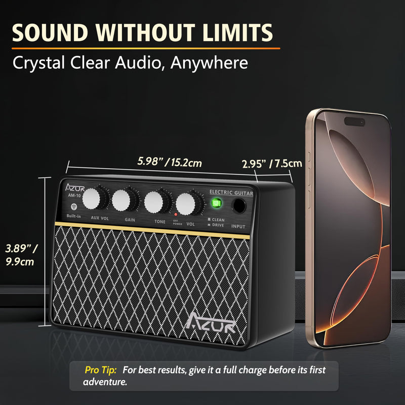 [AUSTRALIA] - AZOR Guitar Amp, 10W USB-C Rechargeable, 6H Working Mini Electric Guitar Amplifier Wireless Amp with Clean/Drive Channels with 3.5mm Headphone/AUX Jack Output for Indoor Practice ABA-10 