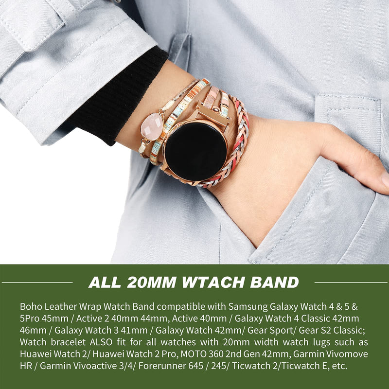 20mm Boho Beaded Watch Band Compatible with Samsung Galaxy Watch 4/5/Active 2 Watch Band 40mm 44mm/Galaxy Watch 5 Pro 45mm/Watch 3 41mm/Watch 4 Classic 42mm 46mm, 7 Chakra Stone Beads Bracel