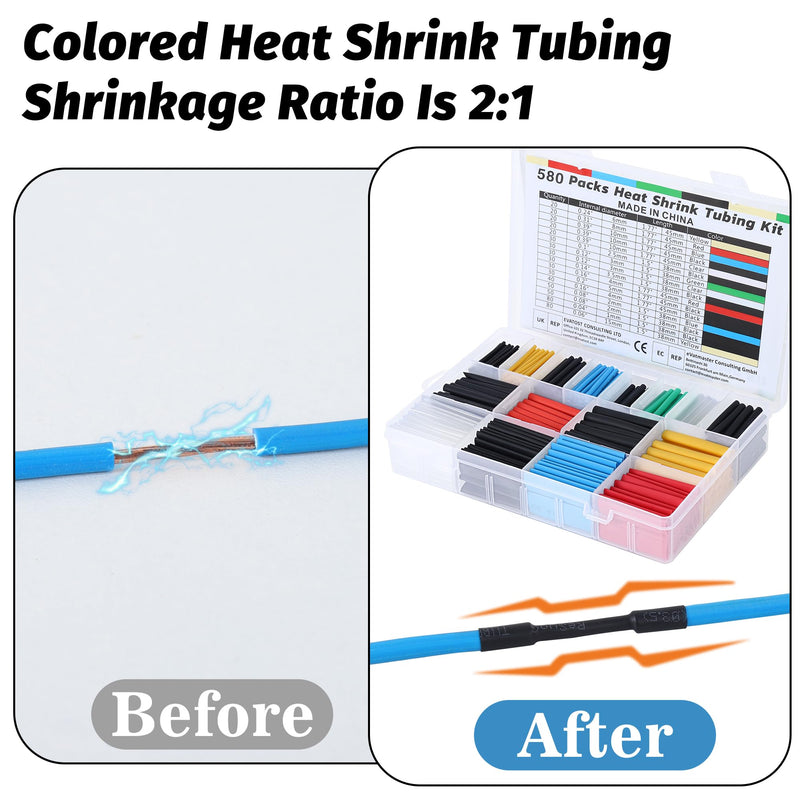WUFANC Heat Shrink Tubing Set, 580 Pieces, Heat Shrink Tubes, Coloured Includes 6 Colours and 11 Sizes, 2:1 Shrink Ratio, Heat Shrink Tube, Waterproof, Suitable for Cable Insulation, Protect