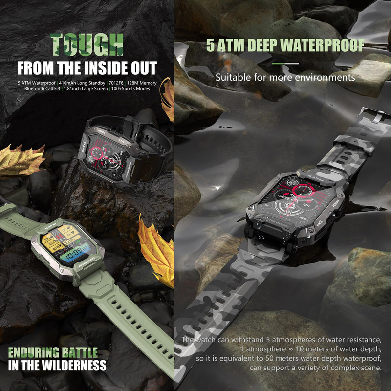 Military Smart Watch for Men(Answer/Make Calls), 1.81”AMOLED 5ATM Waterproof Fitness Watch with Heart Rate/SpO2/Blood Pressure, Bluetooth Smartwatch for Android iPhone, with 3 Watch Bands (Green) Green