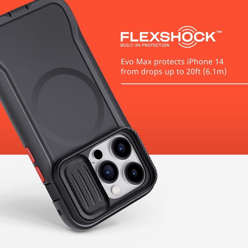 Tech21 iPhone 14 Pro Evo Max Compatible with MagSafe – Durable, Shock-Absorbing and Rugged Phone Case with Holster and 20ft FlexShock Multi-Drop Protection, Black