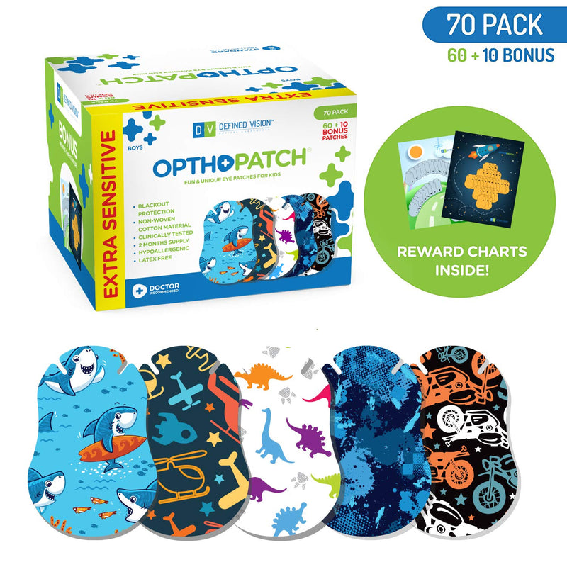Kids Eye Patches - Fun Boys Design - 60+10 Bonus Latex Free Hypoallergenic Cotton Extra Sensitive Adhesive Bandages for Amblyopia & Cross Eye-3 Reward Chart Posters- OpthoPatch by Defined Vision