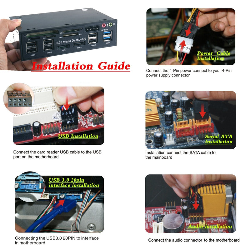 Tccmebius TCC-QL5E 5.25 Inch PC Multifunction Dashboard Media Front Panel, with SATA e-SATA Dual USB 3.0 6 Port USB 2.0 Audio Ports and Five-in-one Card Reader