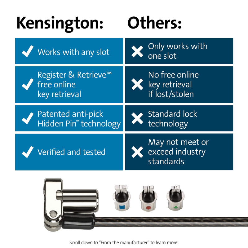 Kensington Universal 3-in-1 Keyed Laptop Locking Cable, Computer Security Keyed Lock, T-bar, Nano, Wedged-shaped (K62318WW) Laptop Lock