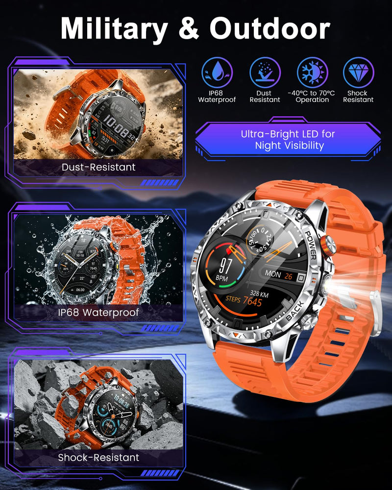 Military Smart Watch for Men, 1.7" AMOLED Display, 1200mAh Battery | Compass & LED Flashlight, Bluetooth Calling, IP68 Waterproof, 100+ Sports Modes, Fitness Tracker, Android & iPhone Compatible