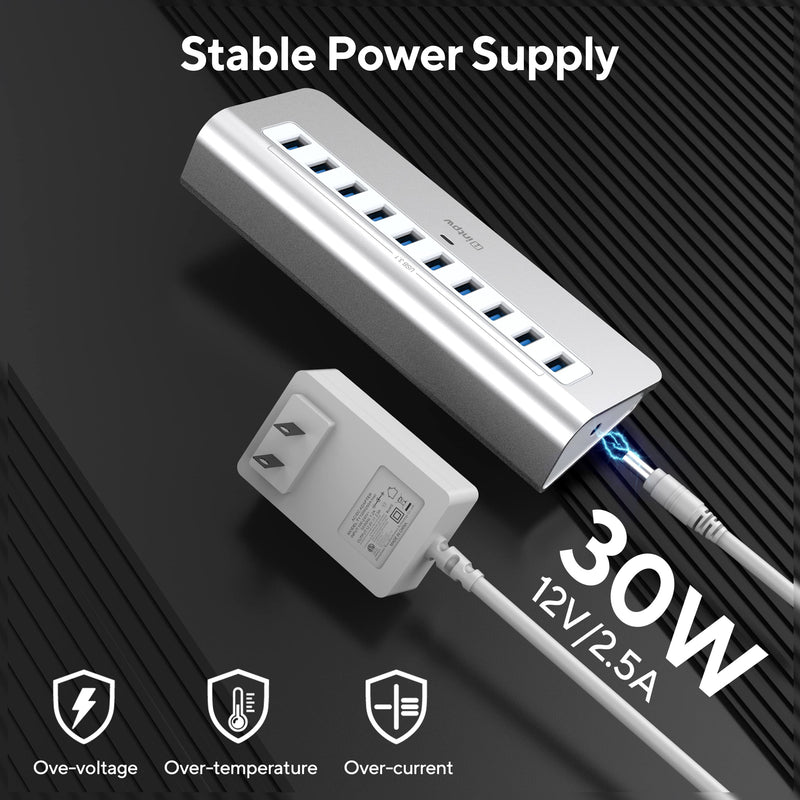 Powered USB Hub, intpw 10 Port USB 3.1 Hub with 10Gbps Data Transfer, 30W(12V/2.5A) Power Adapter, USB Type A and Type C Cable, Aluminum USB Splitter for Laptop, MacBook and Desktop Computer