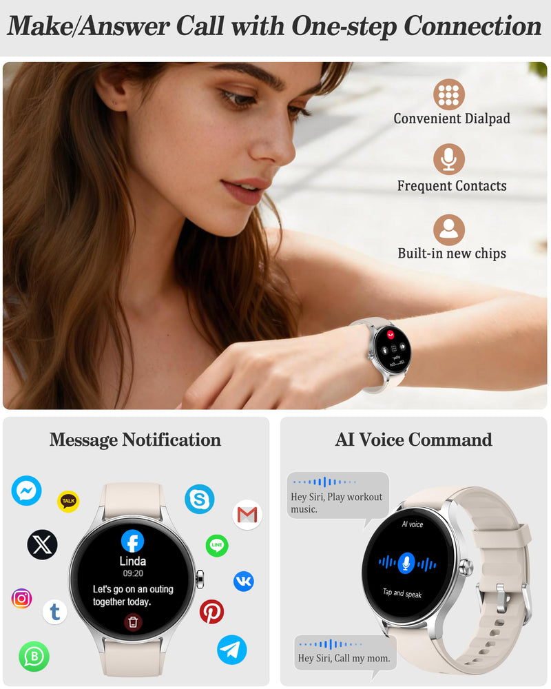Smart Watch for Women, Ladies & Men, 1.27'' Fitness Watch [41mm case] with Call Receive/Dial, Heart Rate/Stress/Sleep Monitor, AI Voice, IP68 Waterproof Smartwatch with Calendar, Calculator, Games Ivory
