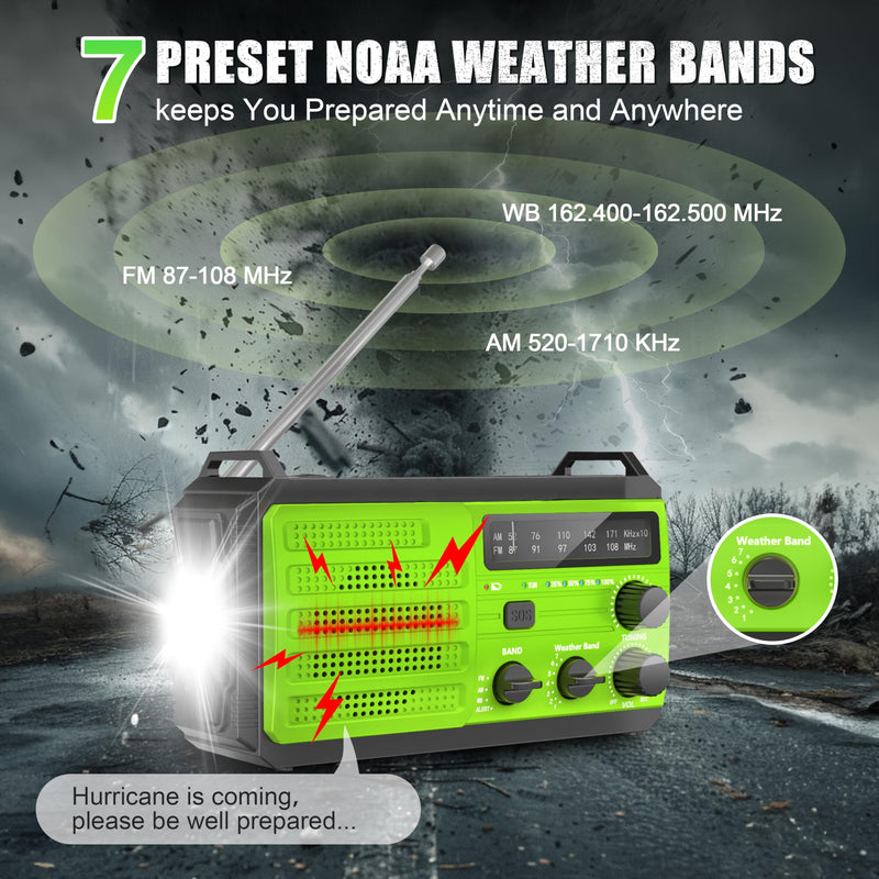 Emergency Radio 22200mWh Solar Hand Crank Emergency Radio: AM/FM/NOAA Weather Radio with Phone Charger, Flashlight & Reading Lamp, Headphone Jack, SOS Alarm for Home Survival Hurricane Green-6000mAh