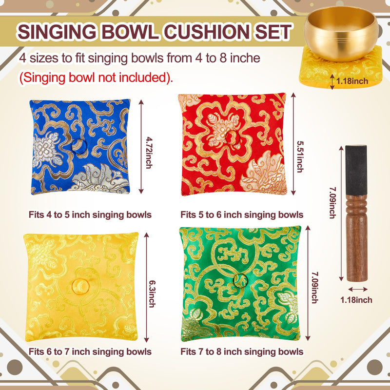 5 Pcs Silk Singing Bowl Cushion Set 4 Square Singing Bowl Cushion Pillow Pad with Wood Mallet for 4-8 Inch Tibetan Crystal Sound Bowls, 4 Sizes