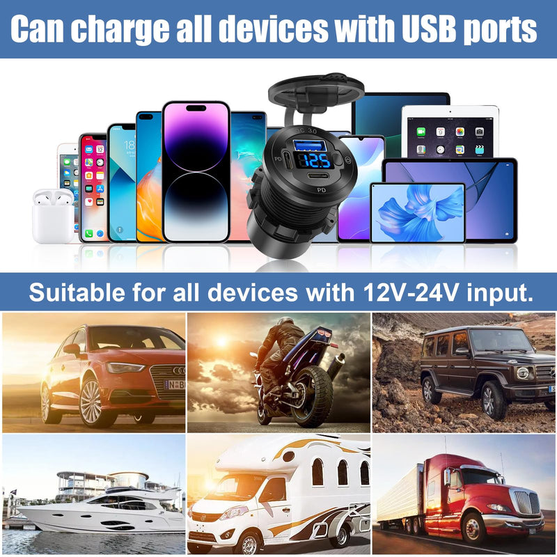 12V USB Outlet Wire USB Charger Multi Port, 3-Port Marine USB Fast Charger Waterproof Cigarette Outlet USB Replacement Aluminum
