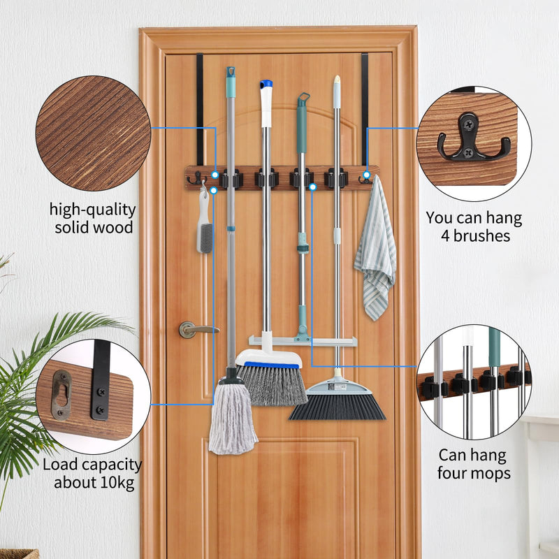Cyiecw Broom Holder Wall or Broom Holder Over the Door, Drillable Tool Wall Mount, Wooden Stainless Steel Broom Mop Tool Garden Tool Holder, Door Organiser with 4 Holders and 2 Hooks, 1 Piece (Brown) Brown