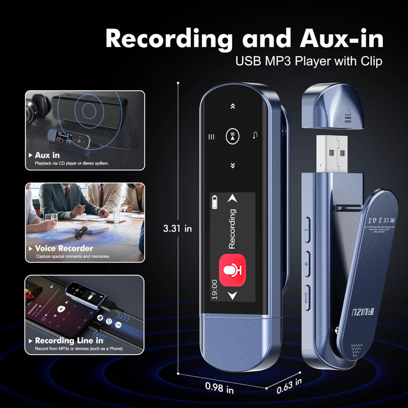 RUIZU 64GB USB MP3 Player with Bluetooth 5.3, Clip Jam Portable Music Player for Sports Running, USB MP3 Player Stick with FM Radio, Voice Recorder, Digital Audio Shuffle Repeat, Phone File Transfer Blue