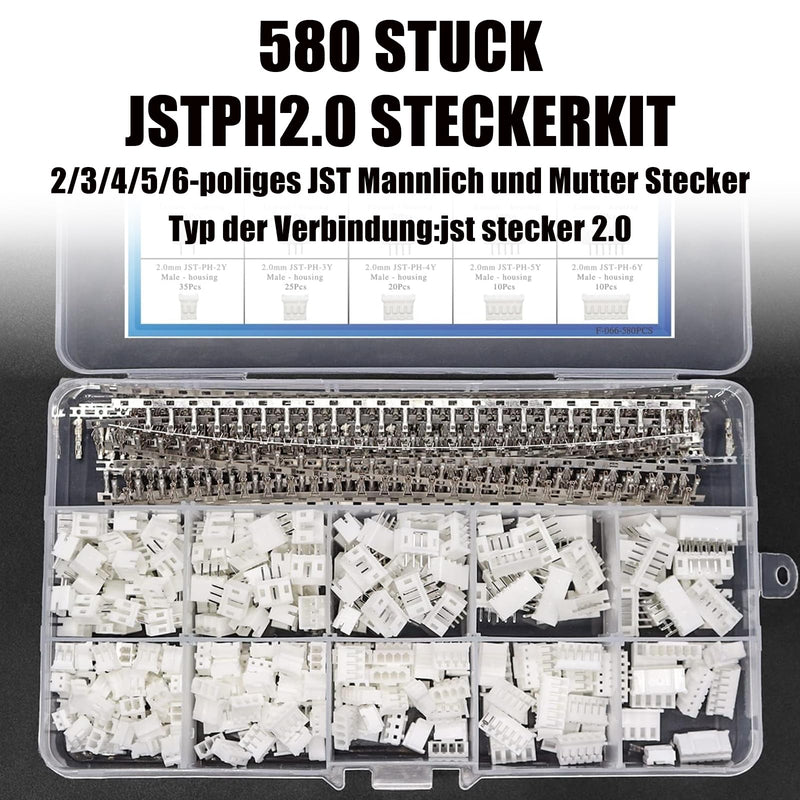 580 pieces JST-XH plug kit, PH 2.0 2/3/4/5/6-pin JST adapter male and male socket, adapter cable, 2.54 mm female metal pin connector, adapter F-066-580 pieces