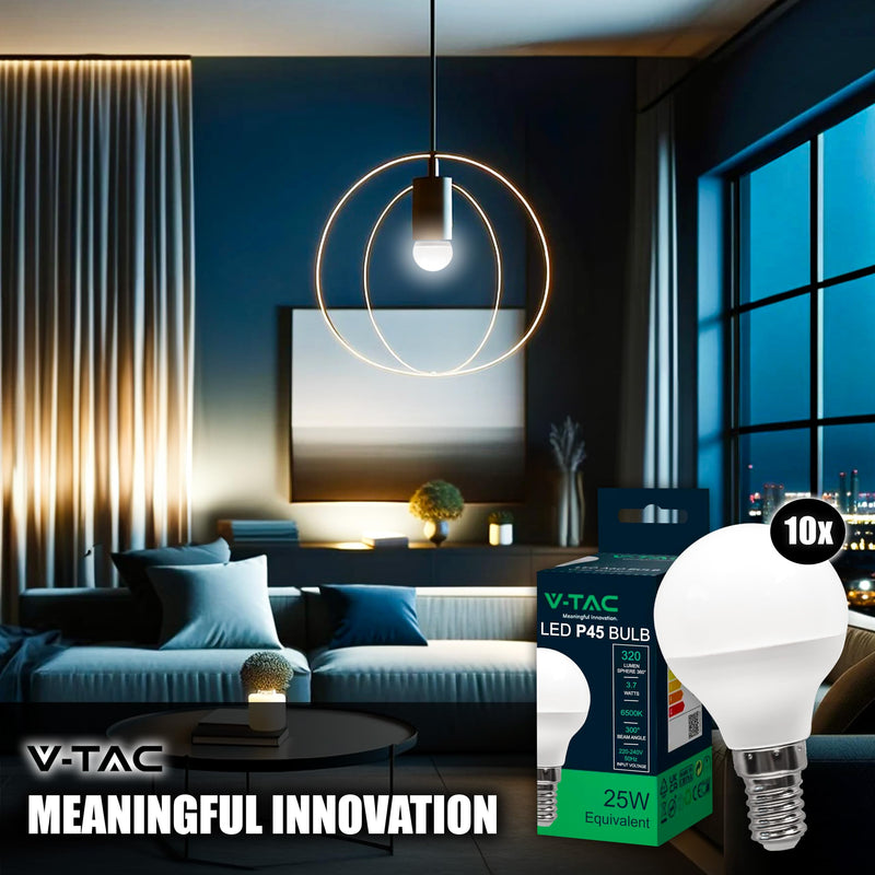 V-TAC 10 x LED Light Bulbs P45 Maximum Energy Efficiency E14 3.7 W (Equivalent to 25 W) 320 Lumen LED Light Bulbs Energy Saving Light Bulb Light 6500 K Cool White 3.7 watts Cold White