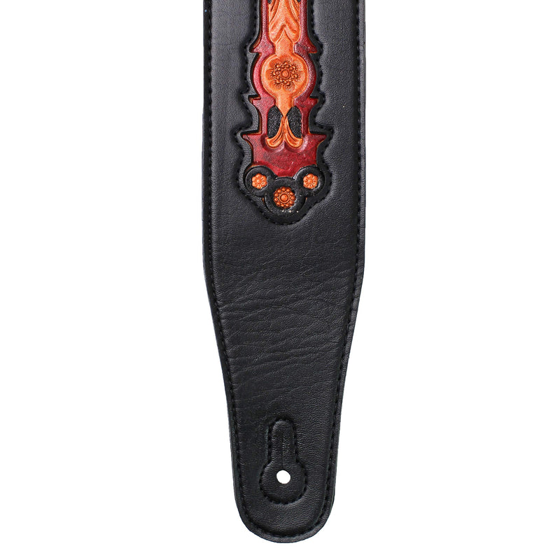 Walker & Williams CVG-23-BB Handmade Black On Black Padded Guitar Strap With Red Leather Hand Tooled Christian Cross Design For Acoustic, Electric, And Bass Guitars