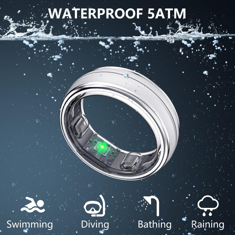 Smart Ring for Women Men, Minimalist Health Ring with Heart Rate, Step Counting, Calories, 5ATM Waterproof Smart Rings for iPhone and Android, No Subscription(Silver 7)