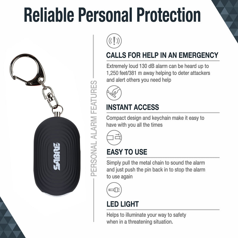 SABRE 2-in-1 Personal Alarm with LED Light, 130dB Personal Safety Siren, Snap Hook for Instant Access, 1,250 Foot (381 Meters) Range, Compact Design for Easy Attachment to Purse, Bag, or Keys Black
