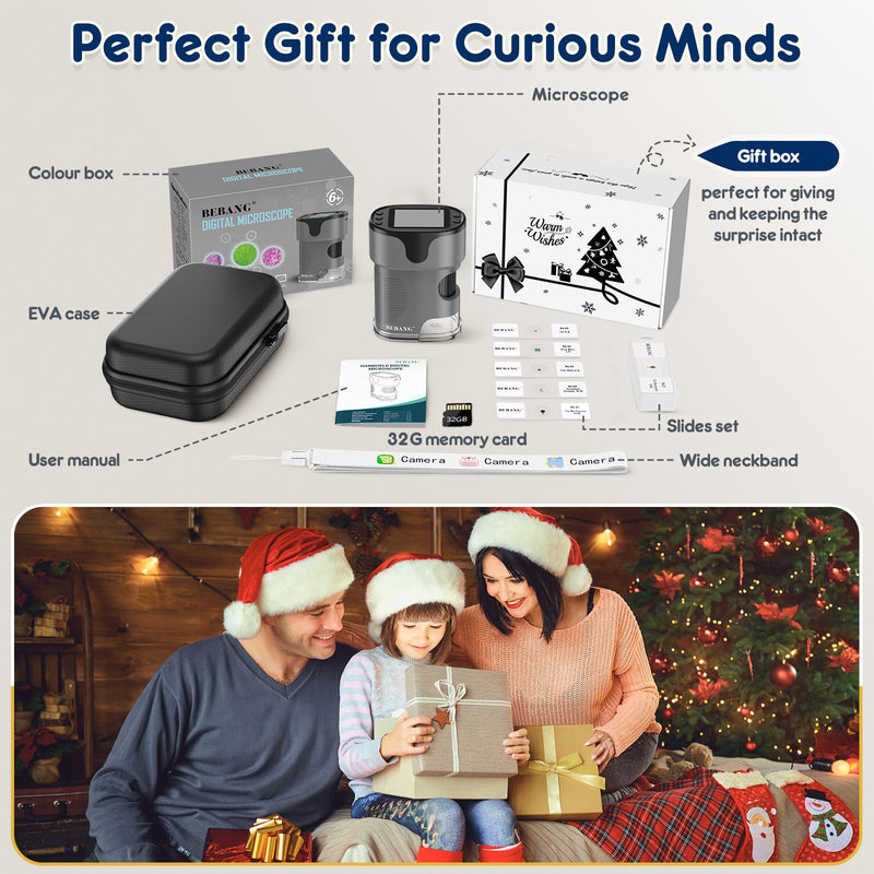 1000X Handheld Microscope for Kids 4K 2.0" Screen Rechargeable Mini Pocket Digital Microscopes w/Slides Kit Portable Edu Gift Age 4-6 8-12 Children Students (Grey)