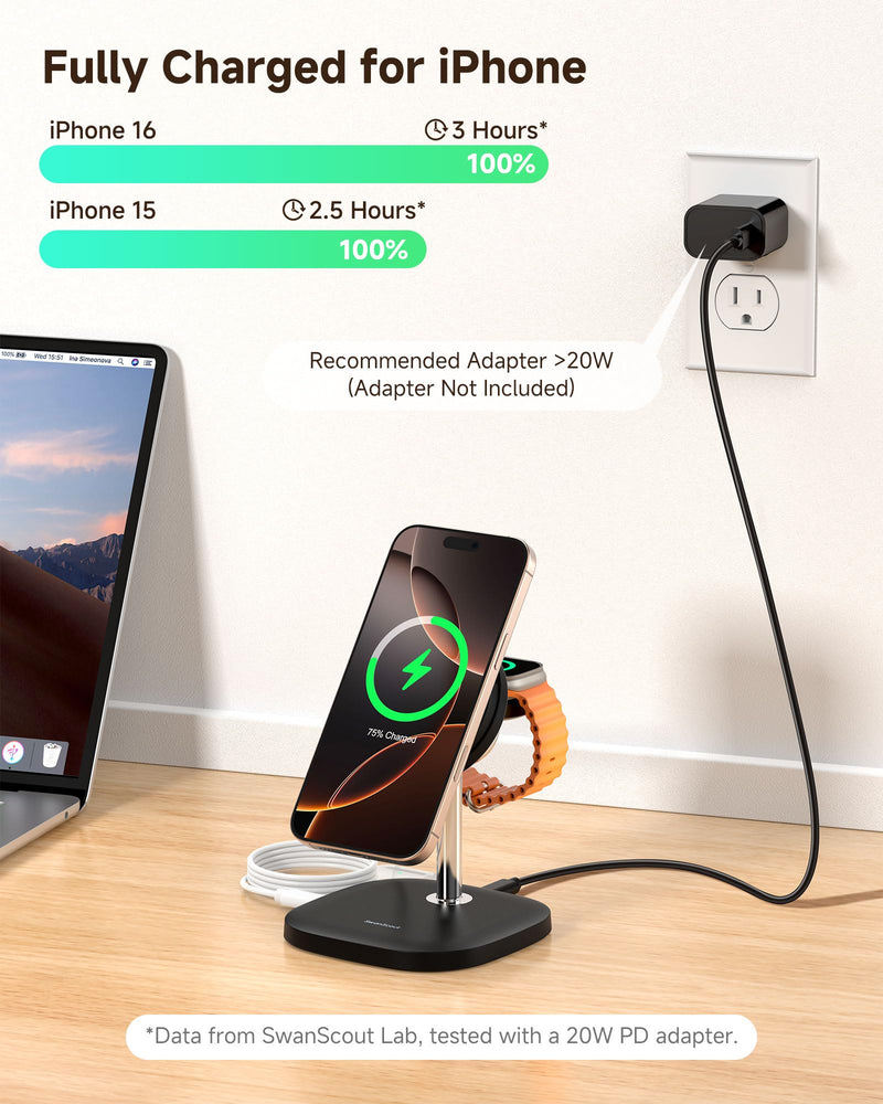 Dual Watch Charger for Apple Watch, Detachable Wireless Charger Stand for iPhone 16/15/14/13/12 Series