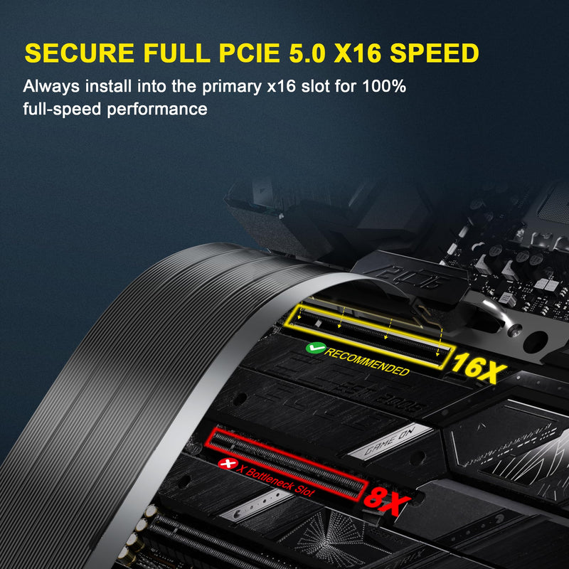 PCIe 5.0 Riser Cable Gen5 x16, 20cm GPU Extension for RTX 5090/5080 | Unleash 128GB/s bandwidth with zero lag. Shielded 6-layer PCB stops EMI blackouts, while 180° flexible TPE fits mid-towers.