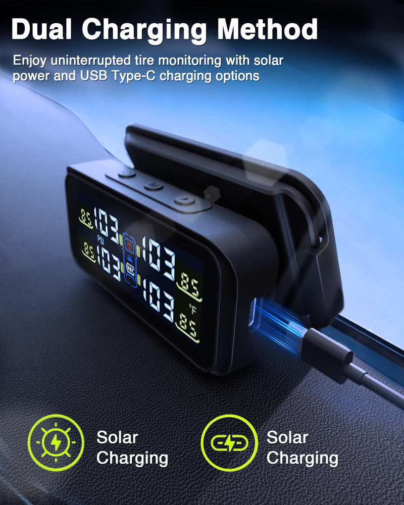 RV Tire Pressure Monitoring System, USB/Solar TPMS with 6 All-Metal Sensors, Repeater, tire Pressure Sensor, 6 Alarm Modes, 66ft Range, 0-130PSI for RV/Truck/SUV/Towing Medium Trailer TY102 TY102 - 6 Sensors+Repeater