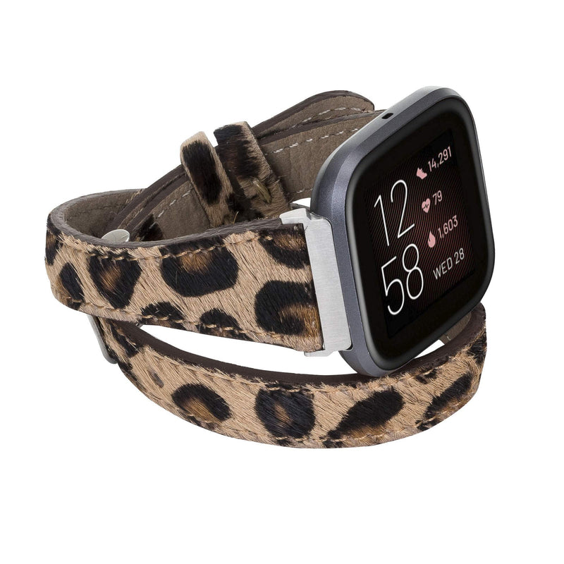 Venito Serena Leather Double-Wrap Slim Watch Band Compatible with Fitbit Versa/Versa 2 / Versa Lite Furry Leopard Silver Connector & Clasp