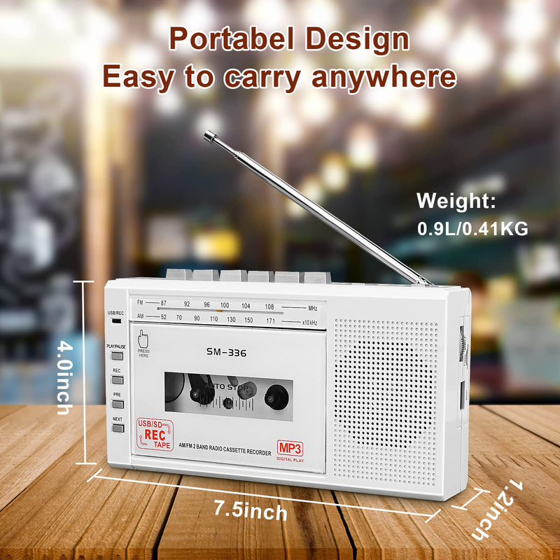 Portable Cassette Tape Player to Digital Converter via USB or SD Card, AM FM Walkman Cassette Tape Recorder Power by DC or AA Battery,Built-in Microphone, Speaker and Headphone Jack