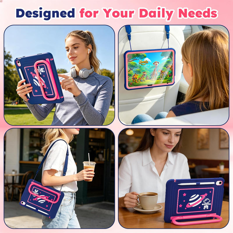 Kids Case for iPad (A16) 11th/10th Generation 10.9"/11" 2025/2022 Release | DJ&RPPQ With Screen Protector, Degree Fold Handle Stand, Shoulder Strap, Pencil Holder for ipad A16 case kids Navy Pink Pink Blue