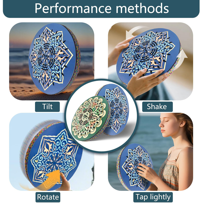 12INCH Ocean Drum,Sound Healing,Rain Disk "Water-Fall",Onomatopoeic Music,Gift For Yoga Meditation Performance Accompaniment（Green Flower） Green Flower