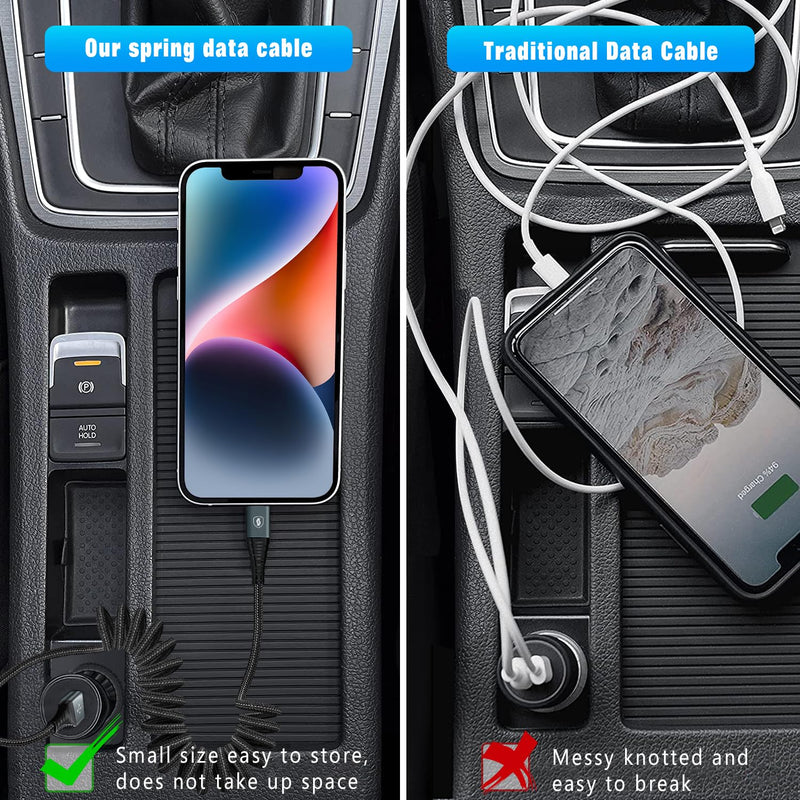 Coiled Lightning Cable 3ft Nylon Braided, iPhone Charger Fast Charging for Car [Apple MFi Certified], Compatible with iPhone14/13/12/11 Pro Max/XS MAX/XR/XS/X/8/7/Plus/6S iPad/iPod-2Pack 2Pack-3FT Grey