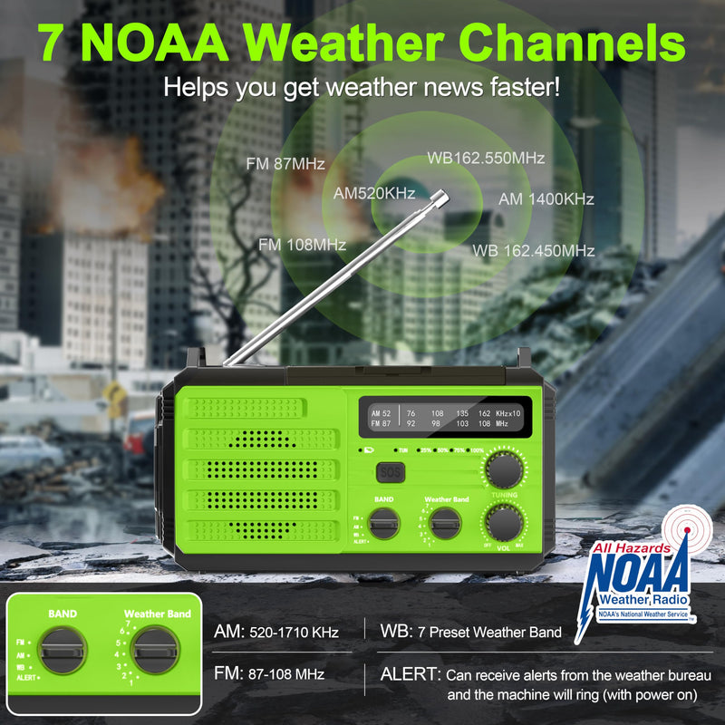 Emergency Radio with Solar & Hand Crank Radio 22200mWh (6000mAh) NOAA Emergency Weather Radio Alert, SOS Alarm, AM/FM, Hand Crank Flashlight, Compass for Tornado, Winter Storm, and Survival Kits Green