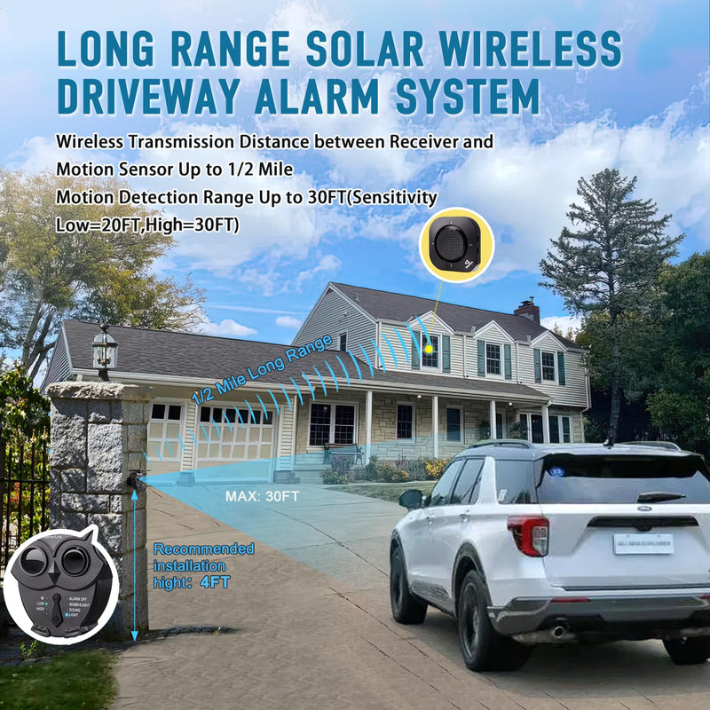1/2 Mile Long Range Solar Wireless Driveway Alarm System IP65 Weatherproof Outdoor Motion Detectors&Sensor 120dB Siren Sound Light Security Alert System Monitor&Protect Outdoor/Indoor Property(1R1S) 1Receiver and 1Sensor