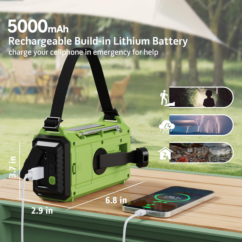 Emergency Radio,5000 NOAA Weather Radio with AM/FM/NOAA/SW,SOS Battery Operated Radio,5 Way Powered Emergency Hand Crank Radio with USB Charger, Flashlight, Reading Lamp, Headphone Jack for Outdoor Green