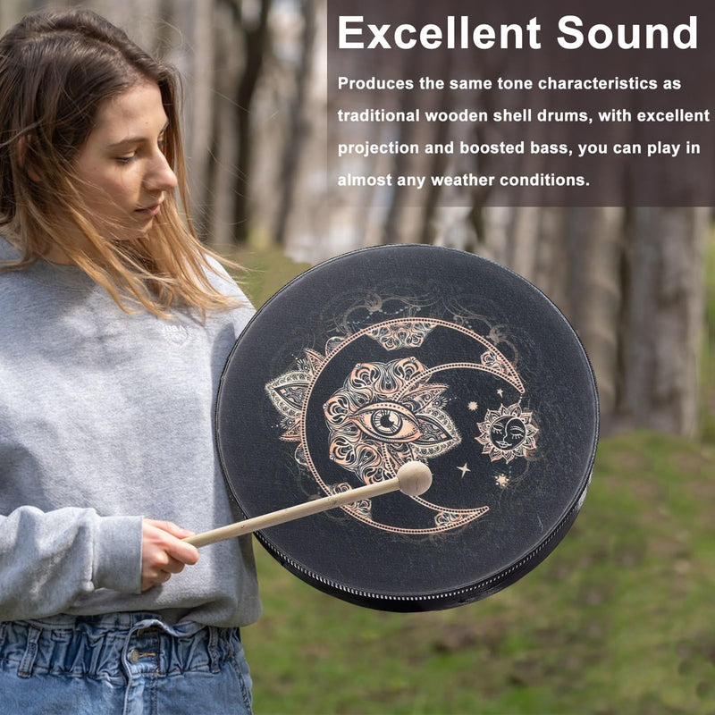 Shaman Drum 10 Inch Wood Frame Drum with Drum Stick Vegetarian Shaman Hand Drum Sound Healing Tool For Spiritual Music, Reflection(Black)