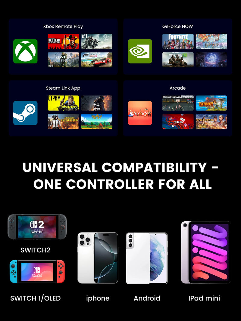 KICKDOT Mobile Gaming Controller with TMR Joysticks & Hall Triggers, No Drift Bluetooth Gamepad for iPhone (iOS)/Android/Switch 2/1/OLED - Wireless Controller for Xbox Cloud/Steam Link, RGB Light, Turbo Macro Back Buttons, Long Battery White