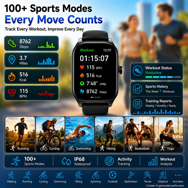 Smart Watch for Men Women Built-in GPS with AI (Answer/Make Call), 1.96" HD Display, IP68 Waterproof, Bluetooth Calls, 100+ Sport Modes, 24/7 Health Monitor, Fitness Tracker for Android iPhone Black 1.96"