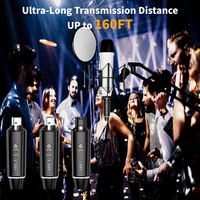 Wireless XLR Microphone System (2 Transmitter & 1 Receiver) 2.4Ghz, XLR Mic Adapter for Dynamic Microphone, Audio Mixer, Electric Guitar Bass, 48V Phantom Power for Condenser Mic, 160ft Range 2.4GHz (2TX+1RX)