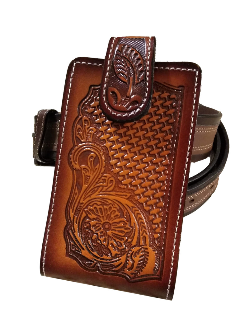 Western autentic Leather Mexican Cell Phone case for Belt with Magnetic Closure. Universal Size (Orange) Orange