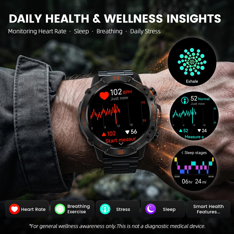 Rugged Smart Watch for Men, 5ATM Waterproof, 170+ Sports Modes,1.43" AMOLED | Round Health Fitness Tracker Watch, Tactical Military Smartwatch Compatible with iPhone Android Metallic
