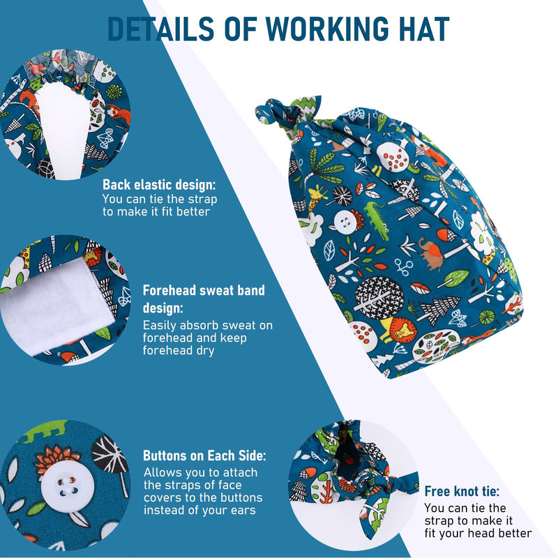 [AUSTRALIA] - Pack of 3 Surgical Cap, Fabric Nurse Cap, Adjustable Surgical Hat, Buttons, Adjustable Work Cap, Cotton Dust Cap, Printed Turban Hat with Sweatband Hoods, Bag Caps 