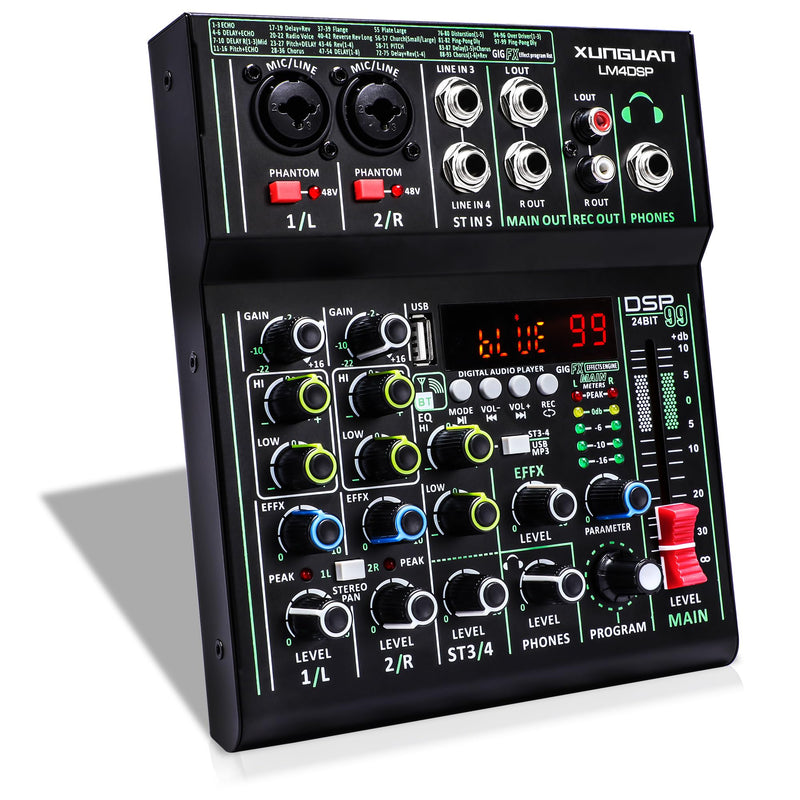 LM4DSP Audio Mixer 4 Channel,99 DSP metal body Sound Board Mixing Console with USB Bluetooth Echo Delay Effect,48V Power for Professional for Recording,Live Streaming,Podcasting DJ Music Application LM4DSP