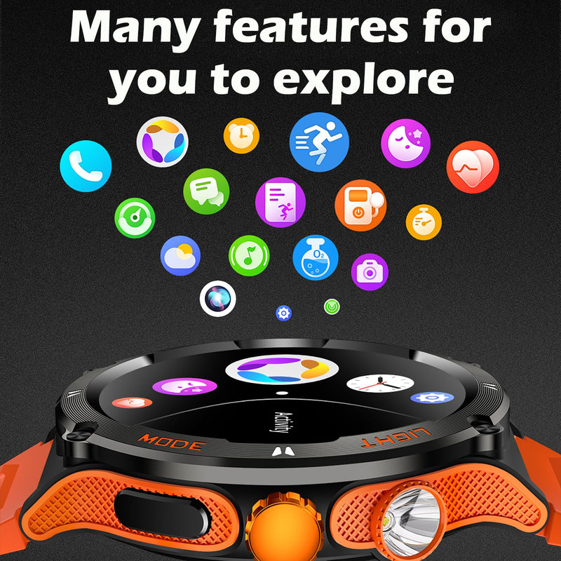 Smart Watch with Compass and Flashlight, Military Activity Tracker for Android iOS（Bluetooth Call Answer/Dial Calls） Rugged Smartwatch AI Voice Assistant/Heart Rate/Blood Pressure Orange