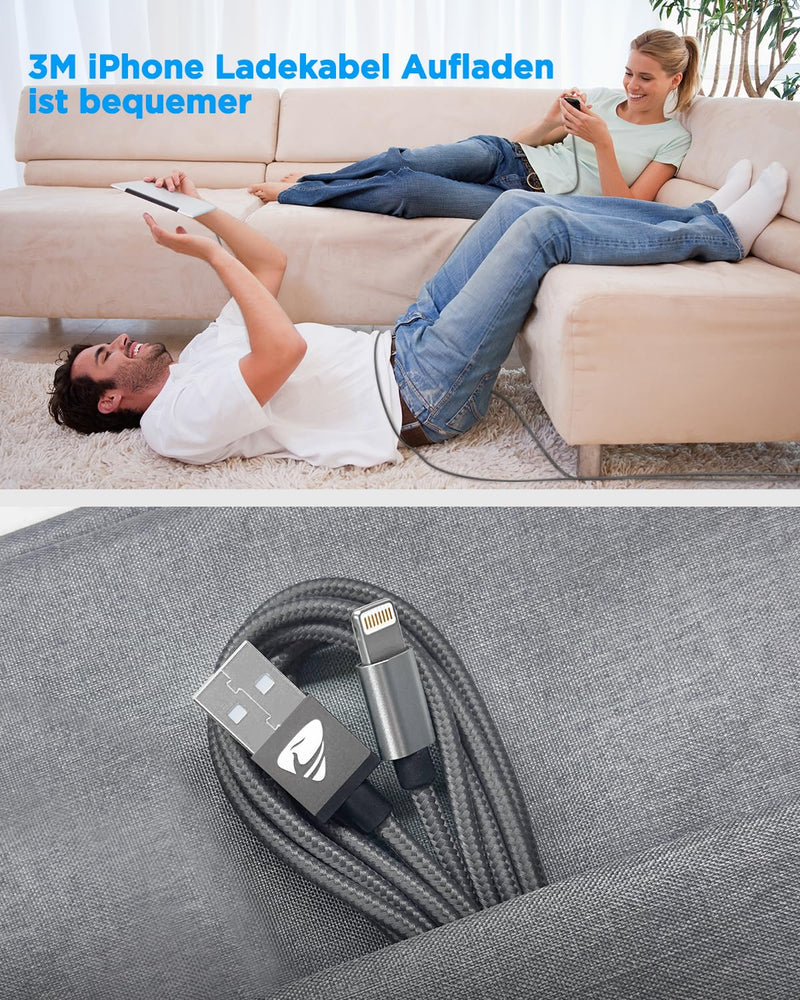 iPhone Charging Cable, Lightning Cable, 3M Charging Cable, iPhone Cable, MFi Certified iPhone Fast Charging Cable, Nylon Fast USB Lightning Cable for iPhone 14 13 12 11 Pro Max Mini XS XR X 8 7 6 6s 3 metres grey