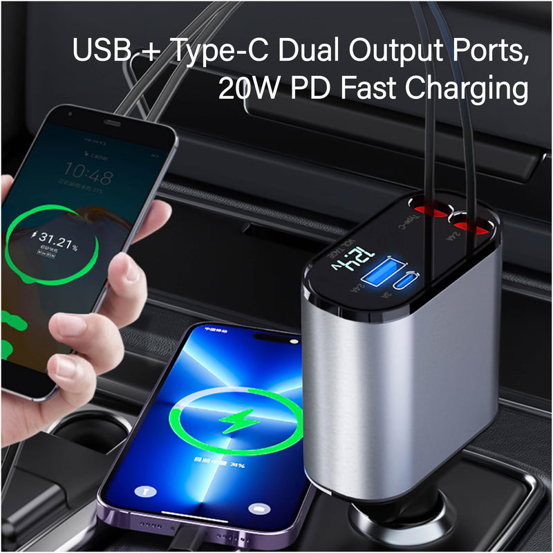 159W GaN 5-in-1 Retractable Car Charger, Dual Cig Lighter, 180° Adjust | Wide compatibility with cell phones, tablets and laptops for road travel power supply
