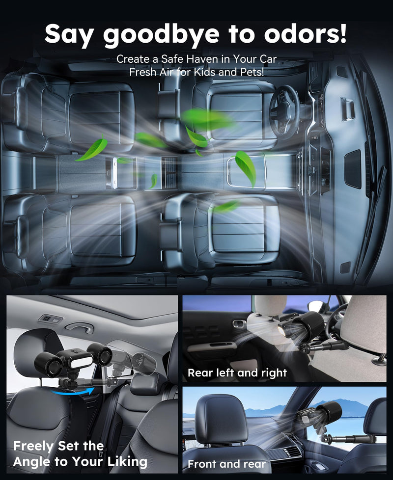 foryou Car Fans Seat Cooling Fan USB Fan 3 Wind Speeds with Night Light Portable Fans for Car Backseat for Kids Black