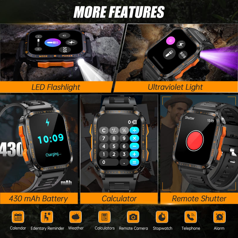 Military Smart Watch for Men with Call/LED Flashlight 1.96" Big Screen | 3ATM Waterproof Rugged Tactical Smartwatch with 100+ Sports Modes, Fitness Tracker with HR/Sleep Monitor for iPhone Android
