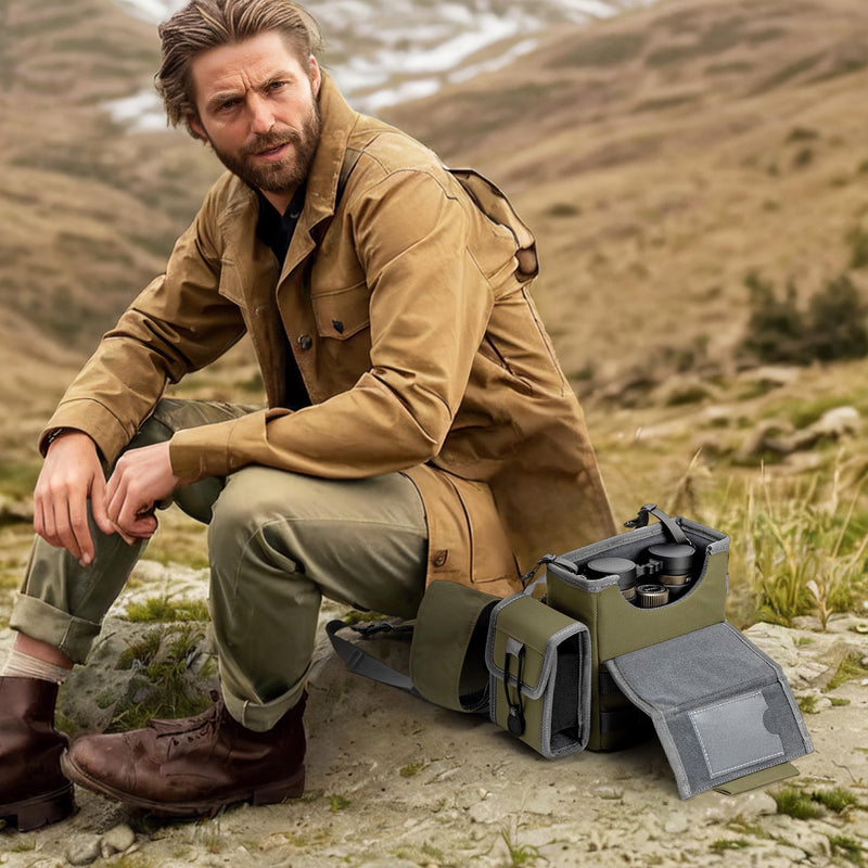 Binocular Harness Chest Pack - Bino Case with Rangefinder Pouch and Waterproof Cover for Hunting Hiking Birdwatching Green
