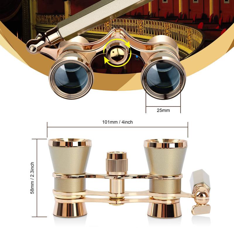 Yourelexit® Opera Glasses Binoculars 3X25 Lorgnette Theater Glasses Optical BK9 Mini Compact Lightweight Built-in Foldable Adjustable Handle Vintage for Adults Women Men in Musical Concert Cinema Gold With Handle and Neck Chain